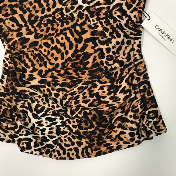 Calvin Klein Tankini Top Small Halter Bandeau Ruched V Notch Wire Animal Leopard - Picture 4 of 11